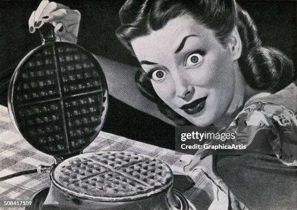 Vintage illustration of a wide-eyed housewife,with a waffle in a waffle iron, 1946. Screen print.