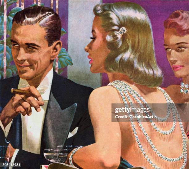 Vintage illustration of a wealthy couple enjoying drinks at the high society club of the luxury Statler Hotel, Detroit, 1947. Screen print.