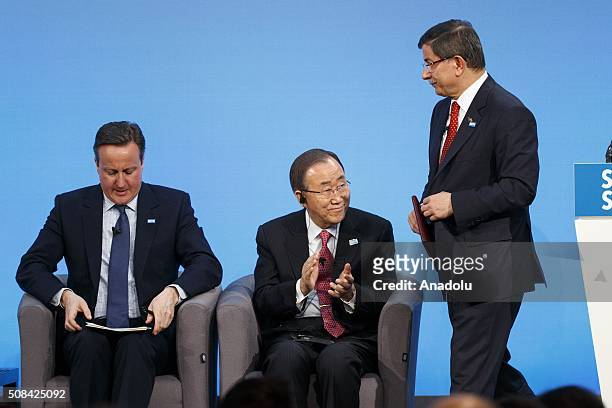 British Prime Minister David Cameron and Secretary-General of the United Nations Ban Ki-moon and Turkish Prime Minister Ahmet Davutoglu attend a...
