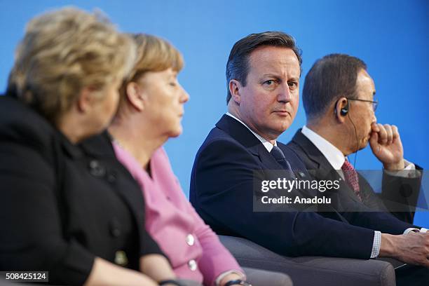 Chancellor of Germany Angela Merkel , British Prime Minister David Cameron and Secretary-General of the United Nations Ban Ki-moon attend a press...