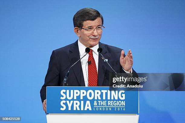 Turkish Prime Minister Ahmet Davutoglu speaks during a press conference at Supporting Syria and the Region Conference in London, England on February...