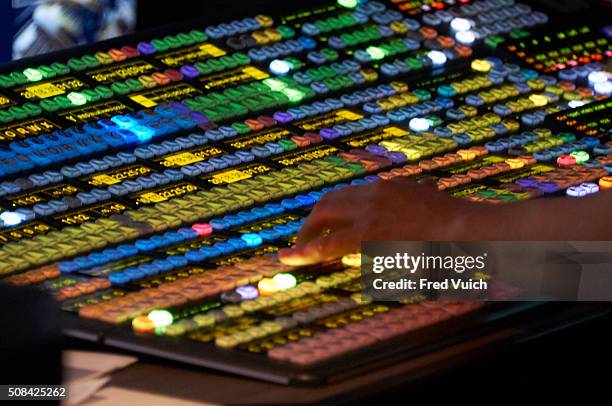 Playoffs: Closeup of hand on equipment in production booth during Fox Sports telecast of Arizona Cardinals vs Carolina Panthers NFC Championship game...