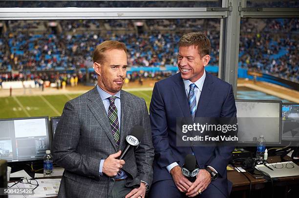 Playoffs: View of Fox Sports announcers Joe Buck and Troy Aikman during telecast of Arizona Cardinals vs Carolina Panthers NFC Championship game at...