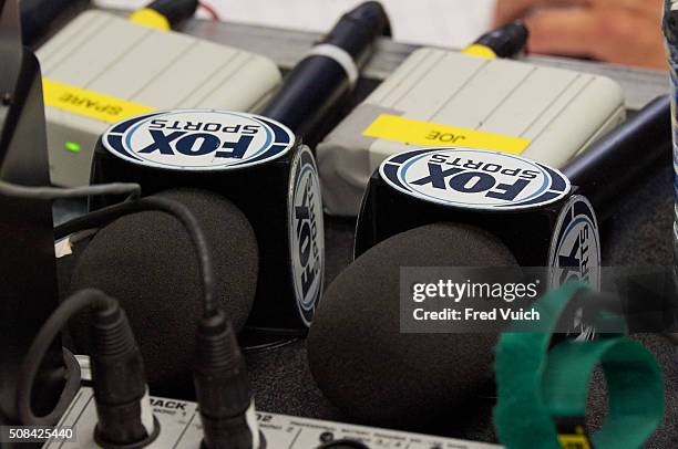 Playoffs: Closeup of two Fox Sports microphones during telecast of Arizona Cardinals vs Carolina Panthers NFC Championship game at Bank of America...