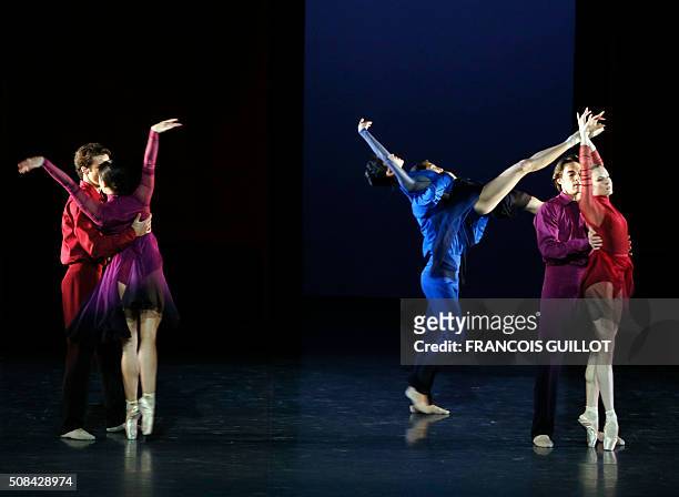 Dancers perform during the rehearsal of "La nuit s'acheve" ballet created by Benjamin Millepied on February 4, 2016 at the Garnier Opera in Paris. /...