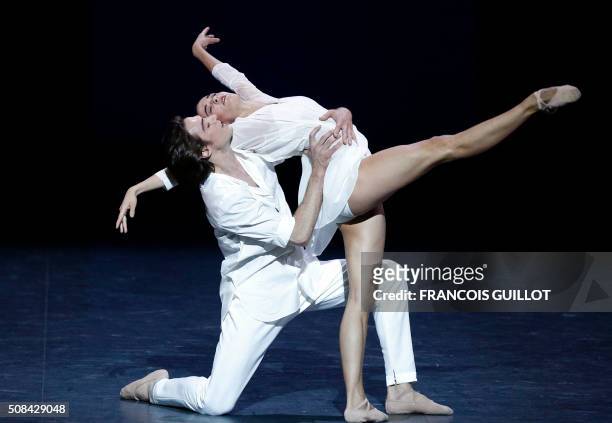 French ballet dancer Benjamin Pech performs with his partner during the rehearsal of "La nuit s'acheve" ballet created by Benjamin Millepied on...