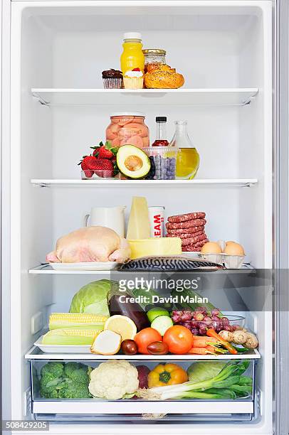 food forming a food pyramid in a fridge - refrigerator stock-fotos und bilder