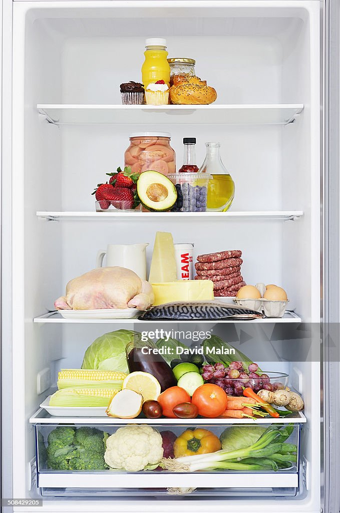 Food forming a food pyramid in a fridge