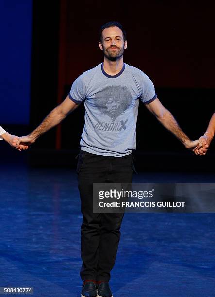 French choreogapher Benjamin Millepied greets the public after the rehearsal of "La nuit s'achève" Ballet on February 4, 2016 at the Garnier Opera in...