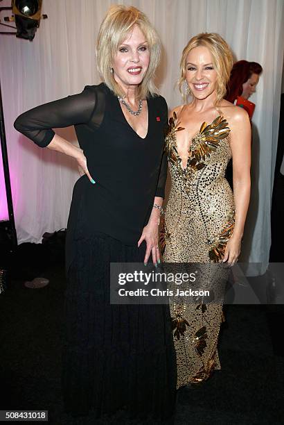 Kylie Minogue and Joanna Lumley at the Prince's Trust Invest in Futures Gala Dinner at The Old Billingsgate on February 4, 2016 in London, England....