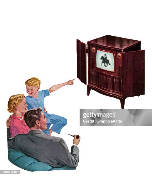 Vintage illustration of a mother and father with their son, watching a Western television show on their new console TV, 1950. Screen print.