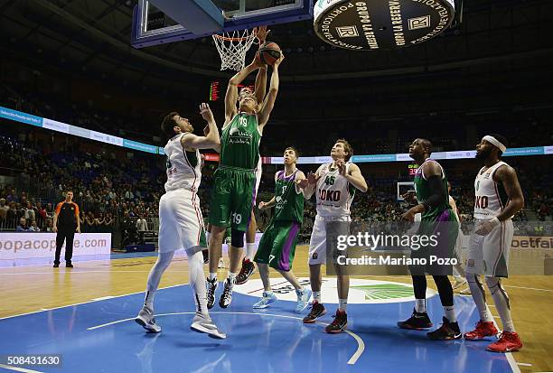 Mindaugas Kuzminskas, #19 of Unicaja Malaga in action during the Turkish Airlines Euroleague Basketball Top 16 Round 6 game between Unicaja Malaga v...