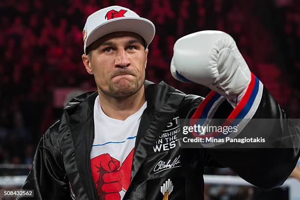 Sergey Kovalev of Russia enters the ring during the WBO, WBA, and IBF light heavyweight world championship match against Jean Pascal of Canada at the...