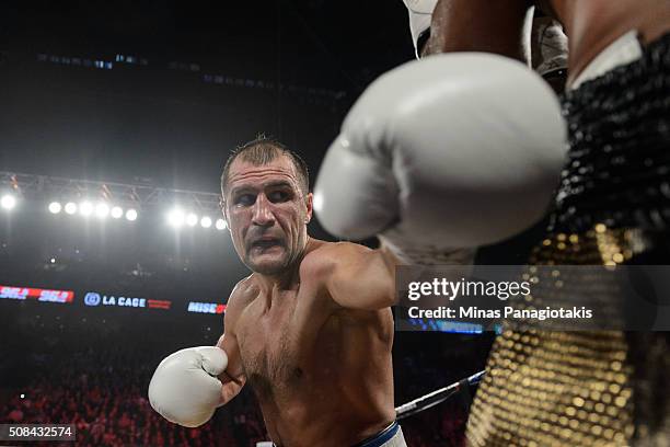 Sergey Kovalev of Russia corners Jean Pascal of Canada during the WBO, WBA, and IBF light heavyweight world championship match at the Bell Centre on...