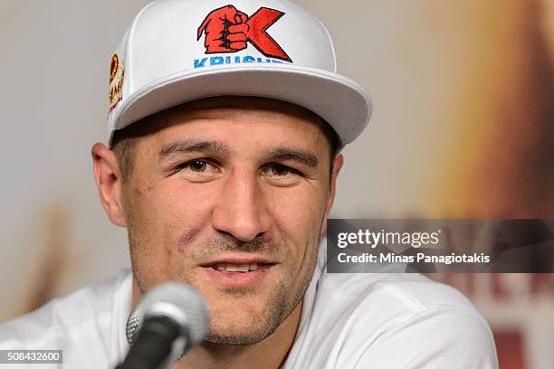 Sergey Kovalev of Russia addresses the media after defeating Jean Pascal of Canada by way of TKO during the WBO, WBA, and IBF light heavyweight world...
