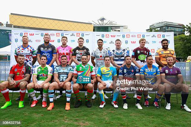 The captains of the 16 NRL teams pose for a group photo during a NRL Auckland Nines captains press conference at Aotea Square on February 5, 2016 in...