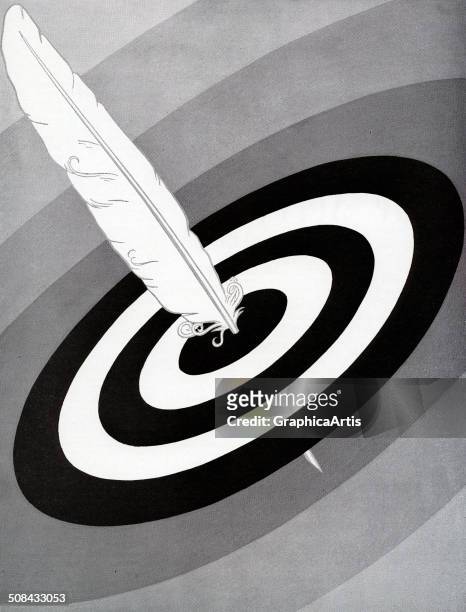 Vintage illustration of a feather or quill pen hitting the bullseye of a target, 1951. Screen print.