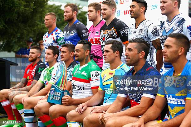 John Sutton of the Rabbitohs holds the NRL Nines trophy during a NRL Auckland Nines captains press conference at Aotea Square on February 5, 2016 in...