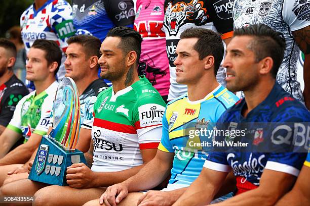 John Sutton of the Rabbitohs holds the NRL Nines trophy during a NRL Auckland Nines captains press conference at Aotea Square on February 5, 2016 in...