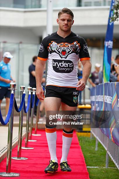 Chris Lawrence of the Wests Tigers arrives for a NRL Auckland Nines captains press conference at Aotea Square on February 5, 2016 in Auckland, New...