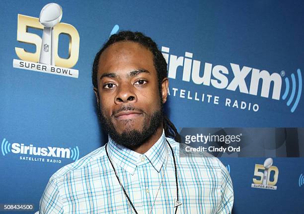 Richard Sherman of the Seattle Seahawks visits the SiriusXM set at Super Bowl 50 Radio Row at the Moscone Center on February 4, 2016 in San...