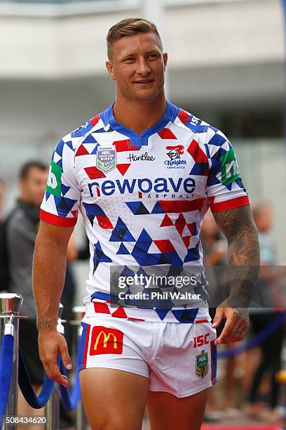 Tariq Simms of the Newcastle Knights arrives for a NRL Auckland Nines captains press conference at Aotea Square on February 5, 2016 in Auckland, New...