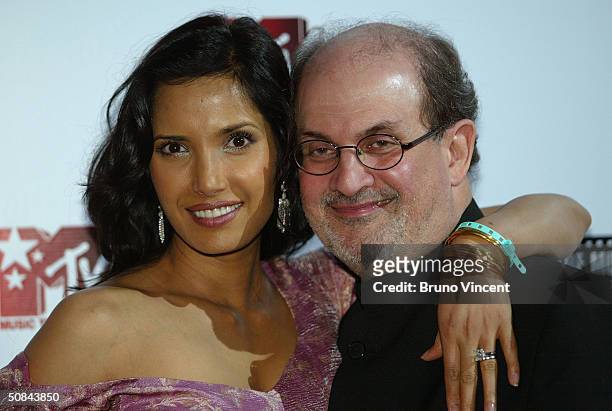 Salman Rushdie and wife actress Padma Lakshmi attend the "MTV Party" during the 57th Annual International Cannes Film festival at the MTV Villa on...
