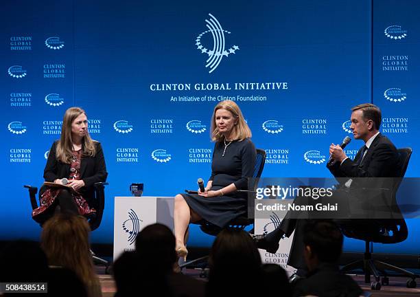 Chelsea Clinton, Barbara Byrne and Tim Murphy speak at The Clinton Global Initiative Winter Meeting at Sheraton New York Times Square on February 4,...