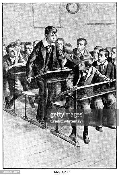 stockillustraties, clipart, cartoons en iconen met victorian schoolboy in trouble in class - naughty in class