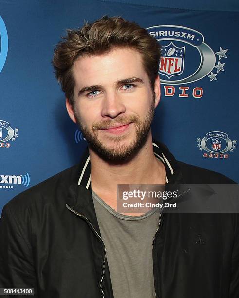 Actor Liam Hemsworth visits the SiriusXM set at Super Bowl 50 Radio Row at the Moscone Center on February 4, 2016 in San Francisco, California.