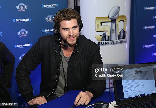 Actor Liam Hemsworth visits the SiriusXM set at Super Bowl 50 Radio Row at the Moscone Center on February 4, 2016 in San Francisco, California.