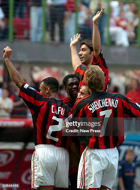 Manuel Rui Costa of Milan celebrates scoring during the Serie A match between AC Milan and Brescia at the Stadio Giuseppe Meazza on May 16, 2004 in...