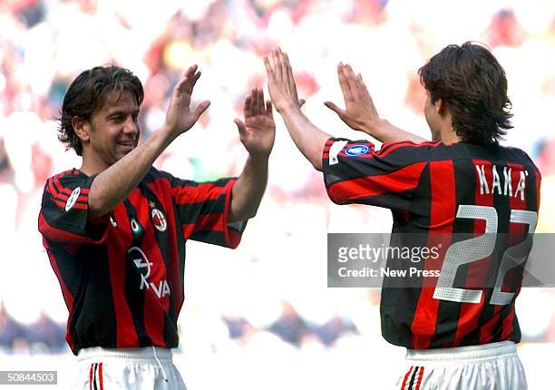 Alessandro Costacurta and Kaka of Milan celebrate during the Serie A match between AC Milan and Brescia at the Stadio Giuseppe Meazza on May 16, 2004...