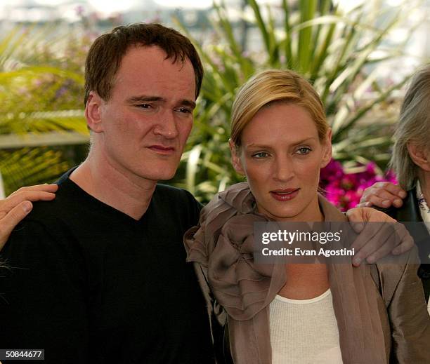 Actress Uma Thurman and director Quentin Tarantinon attend the photocall for the movie "Kill Bill 2" at The 57th Annual Cannes Film Festival on May...