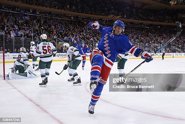 Miller of the New York Rangers celebrates his goal at 4:35 of the second period against the Minnesota Wild at Madison Square Garden on February 4,...