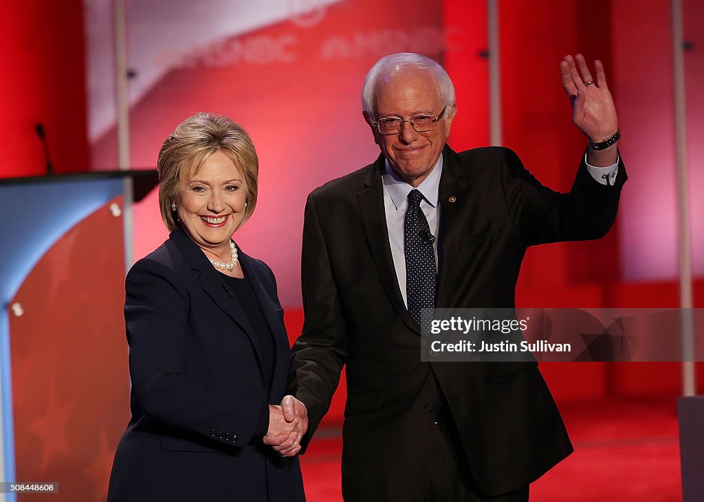 Democratic Presidential Candidates Hillary Clinton And Bernie Sanders Debate In Durham, New Hampshire