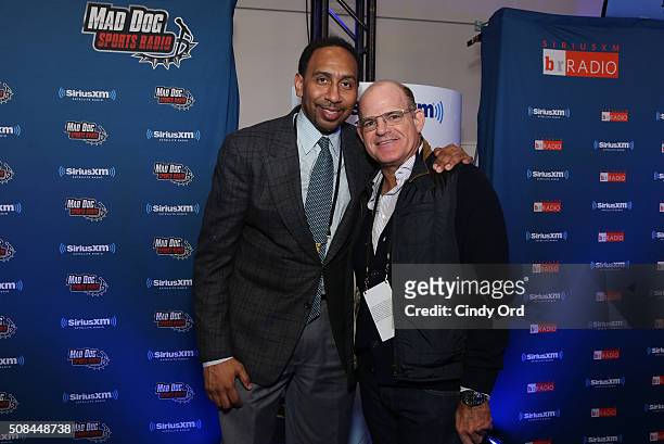 Scott Greenstein , SiriusXM president and chief content officer, visits SiriusXM host and sportscaster Stephen A. Smith at the SiriusXM set at Super...