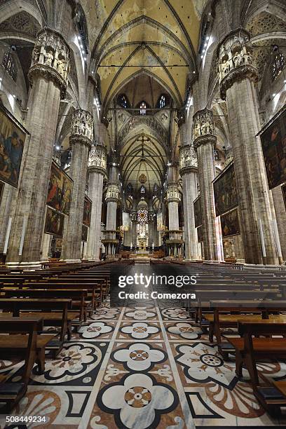 interior view of duomo di milano. milan, italy. - catedral interior fotografías e imágenes de stock