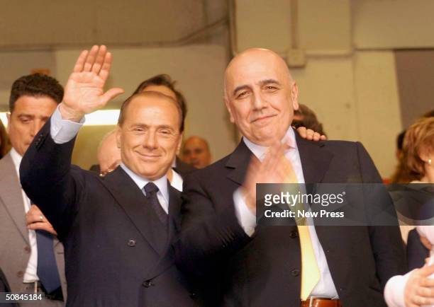 Silvio Berlusconi celebrates after the Serie A match between AC Milan and Brescia on May 16, 2004 in Milan, Italy.