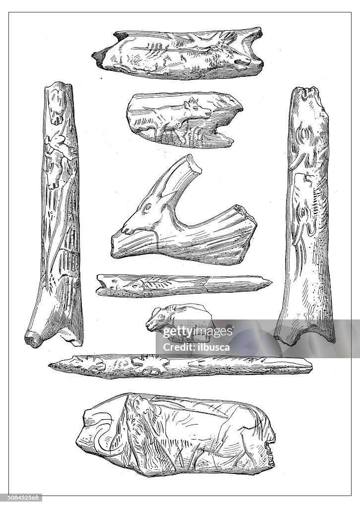 Antique illustration of Prehistoric engraved bone and ivory tools