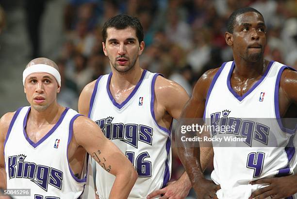 Chris Webber, Predrag Stojakovic, and Mike Bibby of the Sacramento Kings are shown during a break in the action against the Minnesota Timberwolves in...