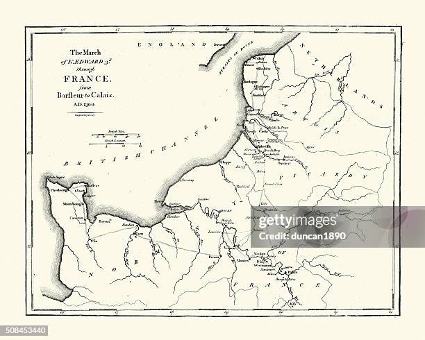 ilustraciones, imágenes clip art, dibujos animados e iconos de stock de eduardo iii mapa de la ruta a través de francia - hundred years war