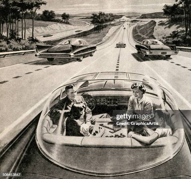Vintage illustration of a family of four playing a board game, while their futuristic electric car automatically drives itself, 1957. Screen print.