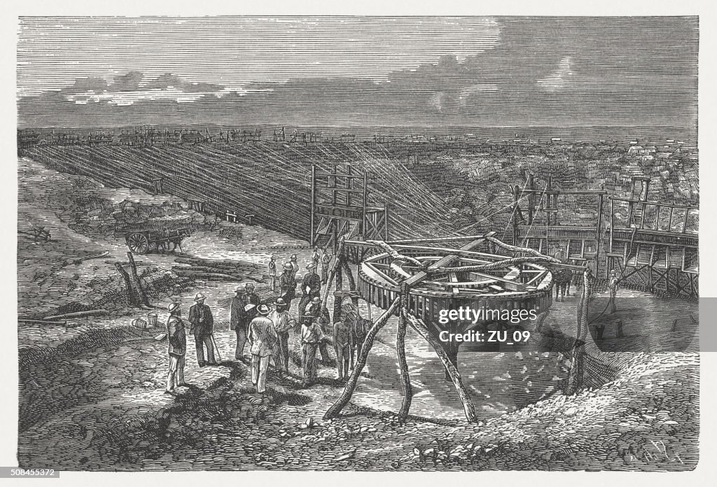 Southern African diamond mine, wood engraving, published in 1882
