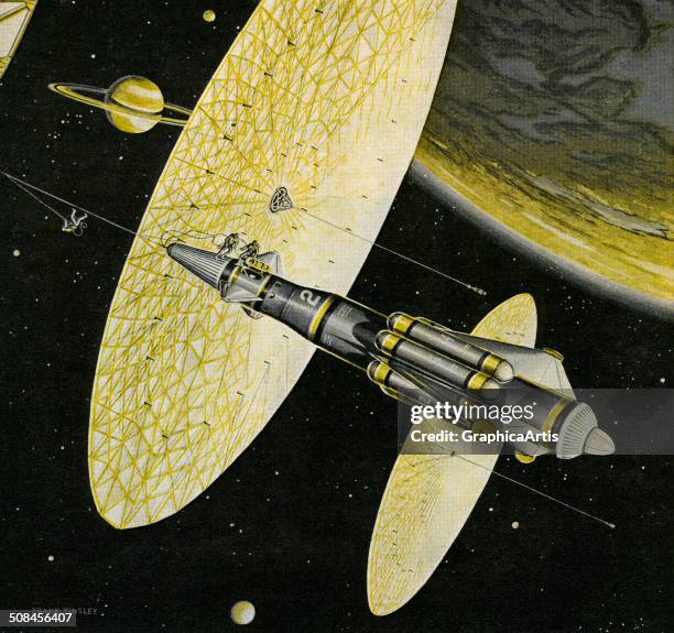 Vintage illustration by Frank Tinsley of a futuristic spaceship powered by a large solar wind sail, 1959. Screen print.