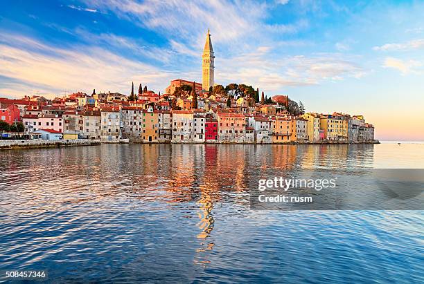 view of old town rovinj, croatia - istrië stockfoto's en -beelden