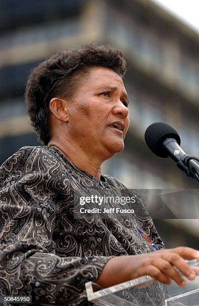 Ugandan nurse Agnes Nyamayarwo speaks at the launch of The "One" Campaign to Fight Global Aids and Poverty May 16, 2004 in Philadelphia,...