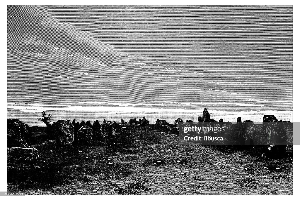 Antique illustration of Carnac stones (Brittany, France)