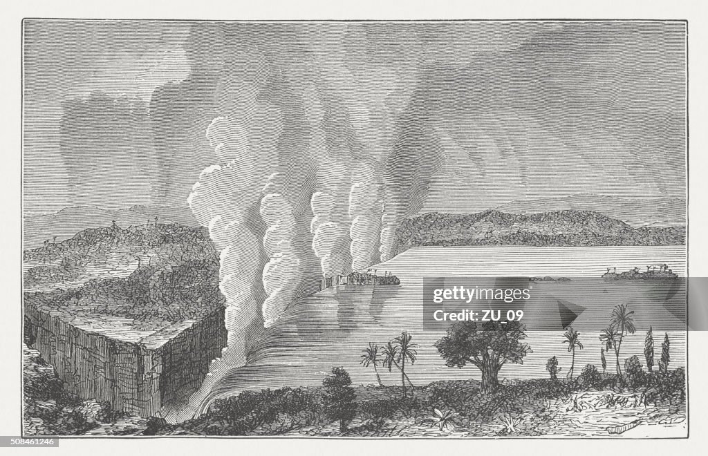 Victoria Falls of Zambezi River, wood engraving, published in 1882