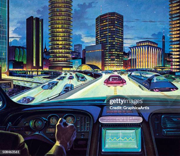 Vintage illustration of an 'electronic car of tomorrow' driving on a city highway, with electronic display and guidance, 1950s. Screen print.